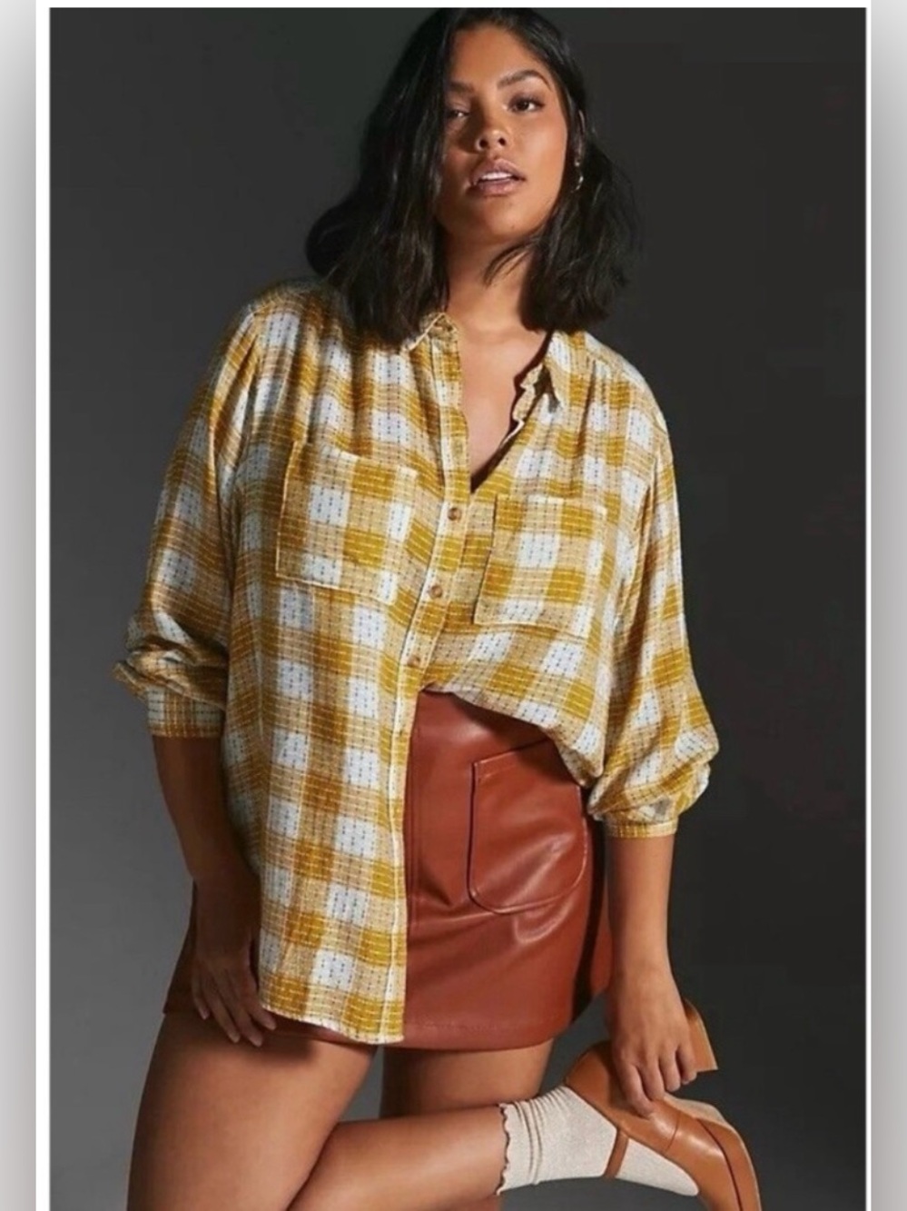 Pilcro Anthropologie Plaid Button-Up Shirt in Mustard Yellow